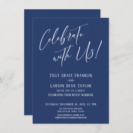 Vier het met Ons! Moderne Trouwfeest Navy Kaart (Voorkant / Achterkant)