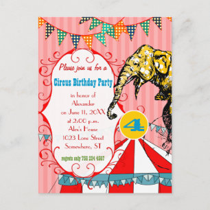 Vier jaar oud Circus Tent Olifant Verjaardagsfeest Uitnodiging Briefkaart