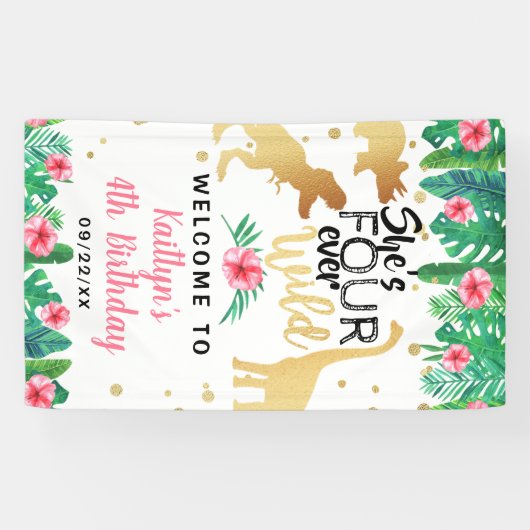 Vier jaar Wild Dinosaur Girls 4e verjaardag Spandoek (Horizontaal)