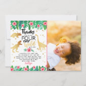 Vier jaar Wilde meisjes Dinosaur 4e verjaardag Fot Bedankkaart (Voorkant)
