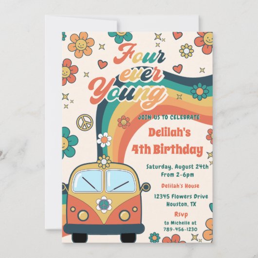 Vier Jong Retro Bloemen 4e Verjaardagsfeest Kaart (Voorkant)