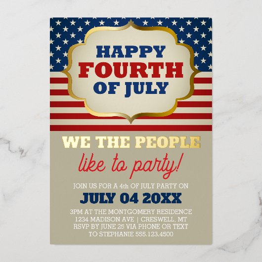 Vier juli-feest Patriottische Vlag Folie Uitnodiging (Voorkant)