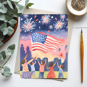Vier Juli Vuurwerk   Watercolor USA Feestdag Briefkaart