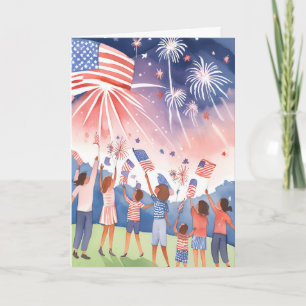Vier juli vuurwerk   Waterverf VS Vlag Feestdagen Kaart