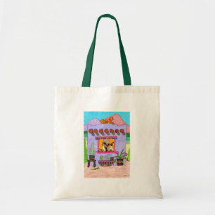 Vier Katten bij een Paars Huis van de Adobe Tote Bag