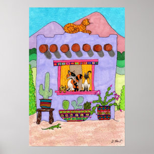 Vier Katten bij het Paarse Huis van Adobe Poster