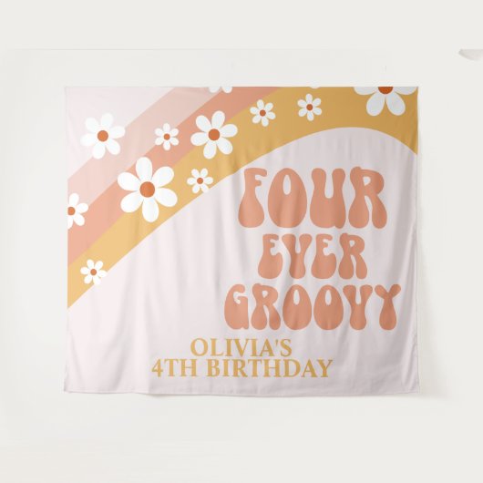 Vier keer Groovy Retro Daisy 4e verjaardag banner Wandkleed (Voorkant (horizontaal))