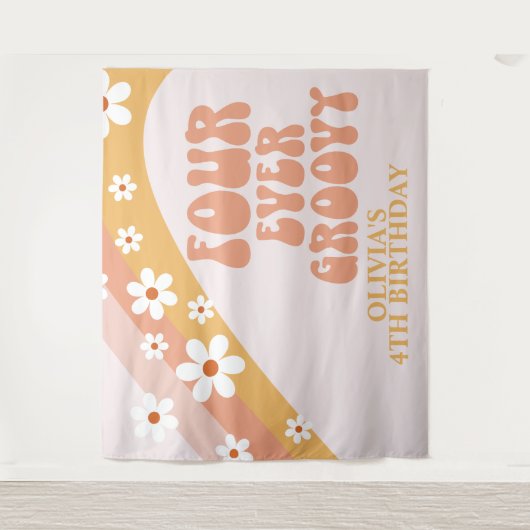 Vier keer Groovy Retro Daisy 4e verjaardag banner Wandkleed (Voorkant)