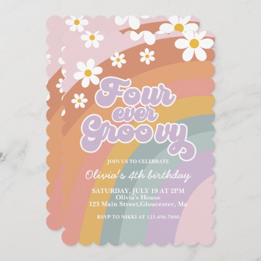 Vier keer groovy retro regenboog 4e verjaardag kaart (Voorkant / Achterkant)