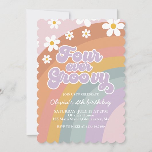 Vier keer groovy retro regenboog 4e verjaardag kaart (Voorkant)