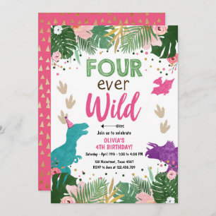 Vier keer Wild Dino Girl Pink Dinosaur Birthday Kaart