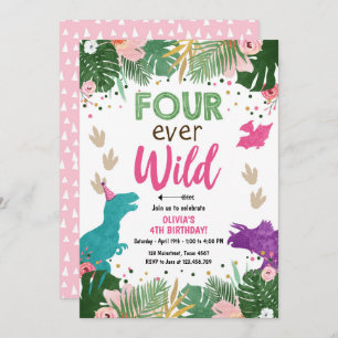 Vier keer Wild Dino Girl Pink Dinosaur Birthday Kaart