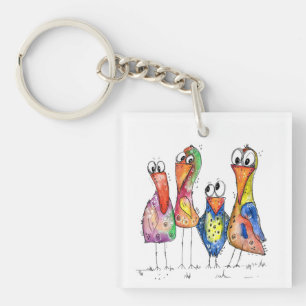Vier kleurrijke whimsical-vogels sleutelhanger