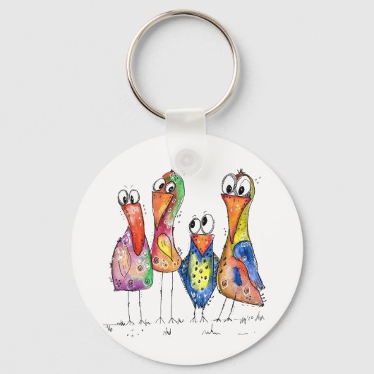 Vier kleurrijke whimsical-vogels sleutelhanger (Voorkant)