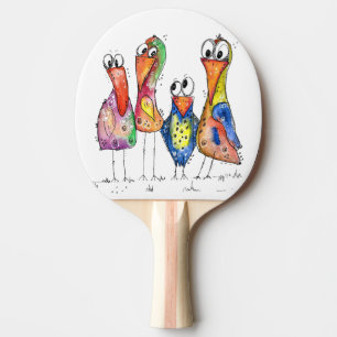 Vier kleurrijke whimsical-vogels tafeltennisbatje