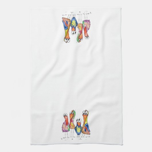 Vier kleurrijke whimsical-vogels theedoek (Verticaal)