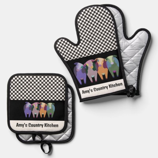 Vier Koeien ontwerp Ovenwant & Pannenlap Set (Voorkant / Achterkant)