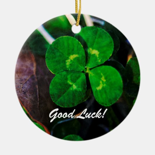Vier Leaf Clover Lucky Keramisch Ornament (Voorkant)