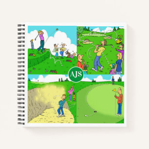 Vier leuke golfcartoons. notitieboek
