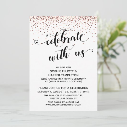 Vier mee met Ons Hart Script Koper Confetti Kaart (Staand voorkant)