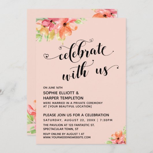 Vier mee Ons Hart Script Bloemen Roze Roze Kaart (Voorkant / Achterkant)