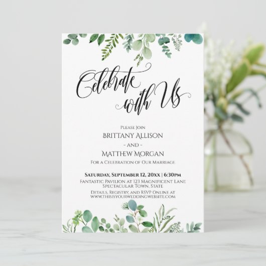 Vier met ons eucalyptusgroen ontvangst kaart (Staand voorkant)