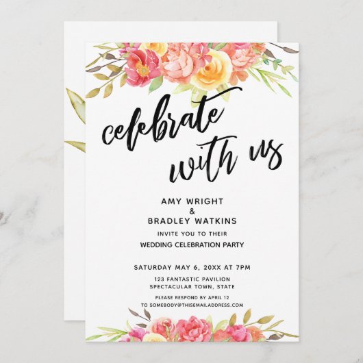 Vier met ons geverfd bloemig bruiloftsfeest kaart (Voorkant / Achterkant)