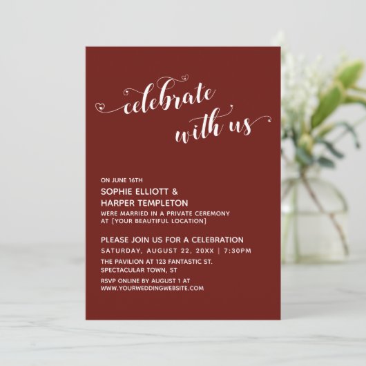 Vier met Ons Hart Script Paars Reception Kaart (Staand voorkant)