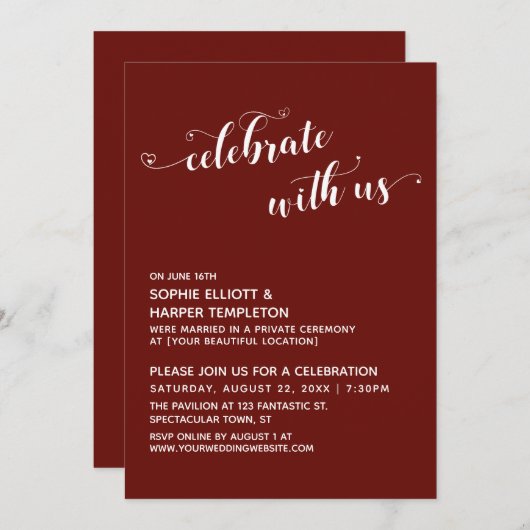 Vier met Ons Hart Script Paars Reception Kaart (Voorkant / Achterkant)