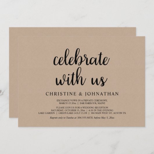 Vier met ons mee, Rustic Wedding Elopement-feest Kaart (Voorkant / Achterkant)