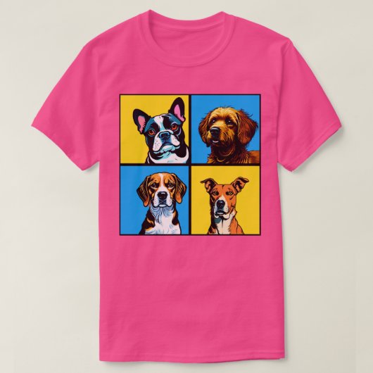 Vier omgezette honden op gele achtergrond t-shirt (Design voorkant)