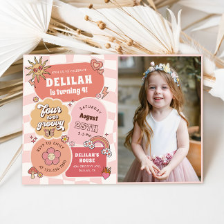 Vier ooit Groovy Daisy 4e verjaardagsfeestje foto Kaart