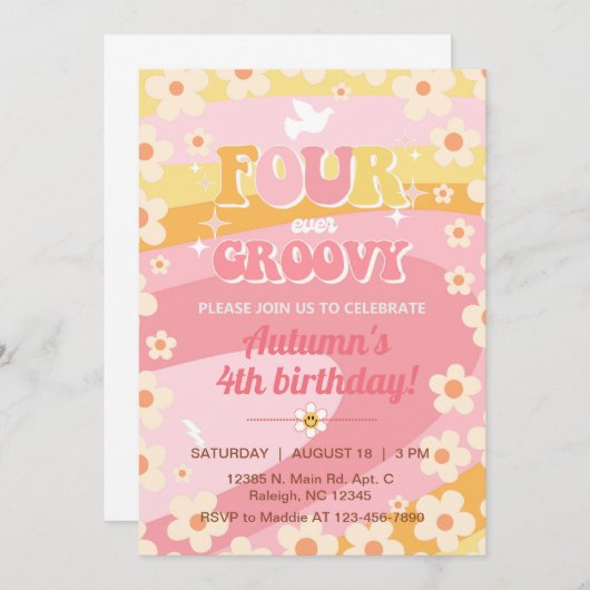 Vier-ooit Groovy meisje 4e verjaardag uitnodigen,  Kaart (Voorkant / Achterkant)