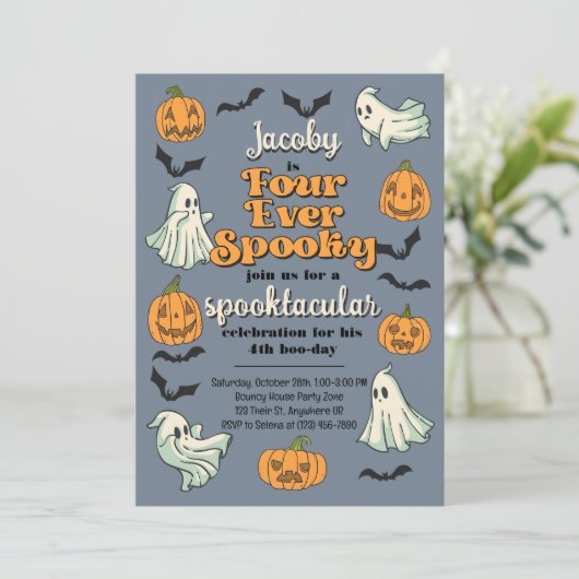 Vier Ooit Spooky Ghost Halloween Herfst 4e verjaar Kaart (Staand voorkant)