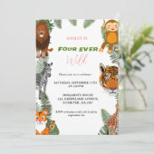 Vier ooit wild meisje safari 4e verjaardag feest kaart (Staand voorkant)
