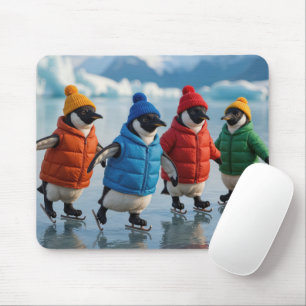 Vier pinguïns schaatsen op een Arctisch meer Muismat