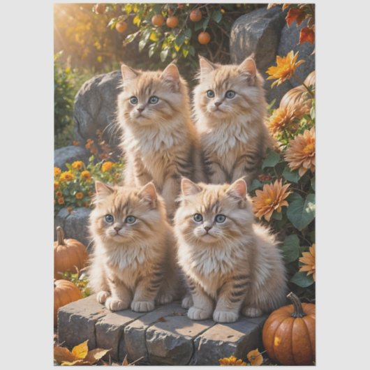 Vier pluizige herfst Kittens met pompoenen en mama Tissuepapier (Voorkant)