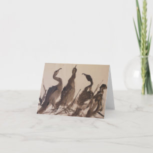 Vier Reigers op het Strand; waterverf notecard Kaart