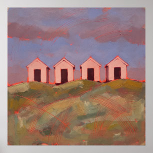 Vier roze strandhuisjes Sfeervol kustlandschap Poster