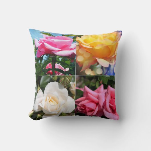 vier roze, witte, gele rozenbloemen kussen (Voorkant)