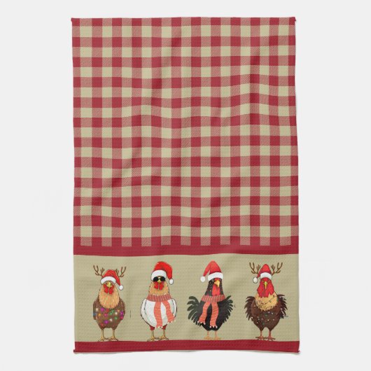 Vier Santa Kippen - Rood en Tan Lumberjack Plaid Theedoek (Verticaal)