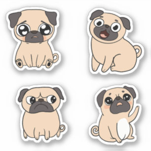 Vier schattige Pug Dog Expressions Sticker