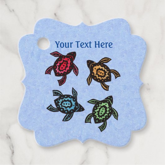 Vier schildpadden abstracte markeringen op gekleur bedankjes labels (Voorkant)