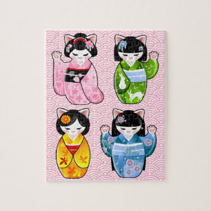 Vier Seasons Maneki Neko Kawaii Cat Kimono Kokeshi Legpuzzel