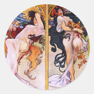 Vier Seizoenen door Alfons Mucha Art Deco Nouveau Ronde Sticker