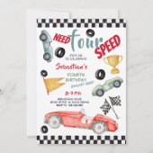 Vier snelheids raceauto vierde verjaardag van kind kaart (Voorkant)