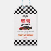 Vier snelheids-rode-raderauto's van vierde verjaar cadeaulabel (Voorkant)