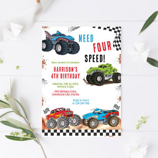 Vier Speed Monster Truck Jongen 4de Verjaardag Kaart
