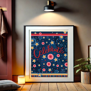 Vier sterren Bloemen Leuke Blauwe Streep Poster