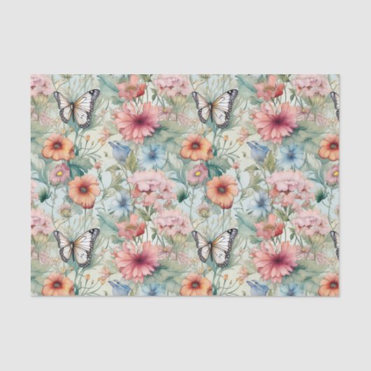 Vier Vlinders op Bloemen Patroon Decoupage Tissuepapier (Voorkant)